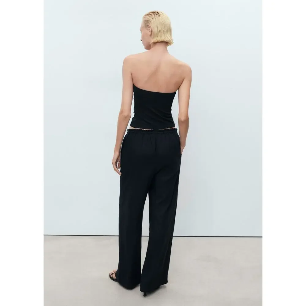 MANGO Linen-Blend Elastic Waist Pants - XS - Black